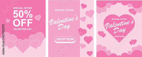 Valentine Day themed design with pink color, heart illustrations, and a cute romantic style, suitable for social media promotion or sale posters.
