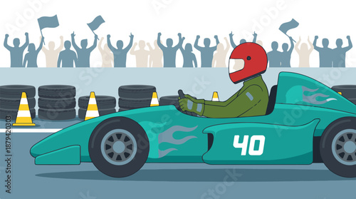 Illustration of a race car with driver and cheering spectators at a track event.