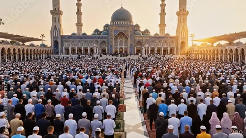 Large crowd of men praying at beautiful mosque during sunset