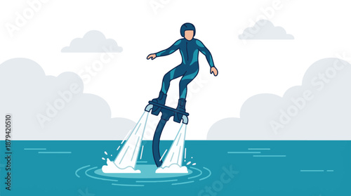 Flat design illustration of a person flyboarding on water with clouds in the sky