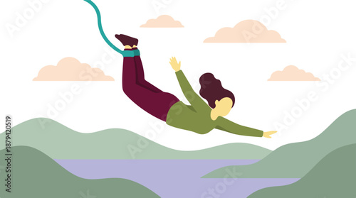 Woman bungee jumping over a scenic landscape with mountains and water