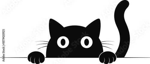 Cute black cat silhouette peeking illustration, playful cartoon kitten face and paws, minimal animal design, modern vector icon isolated on white background