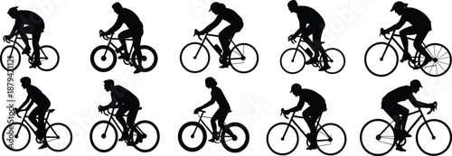 Cyclist silhouette vector set, people riding bicycles in multiple positions, sport cycling activity illustration, black isolated bike riders on white background