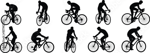 Cycling sport silhouette vector set, professional cyclists riding bicycles in dynamic positions, road bike racing illustration, black bike riders isolated on white background