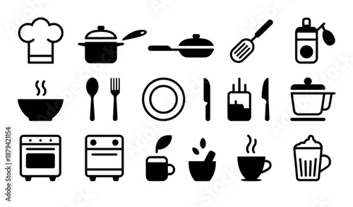 Black and White Culinary and Kitchen Line Icon Set for Food Branding