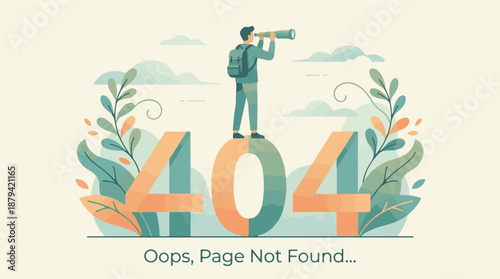 404 Error Page Illustration with Explorer Searching Through Telescope
