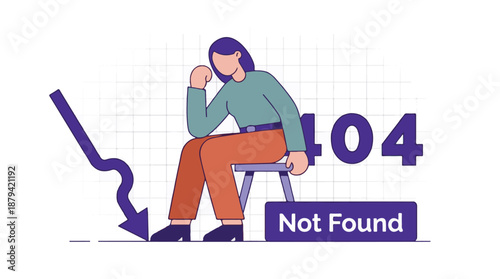 404 Not Found error concept with frustrated woman and downward trend line