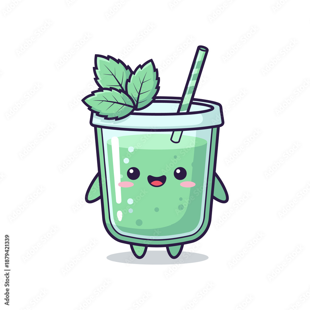 Obraz premium Cute Cartoon Character Drinking Green Smoothie with Mint Leaves