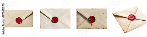 Collection of vintage envelopes with red wax seals on a transparent background