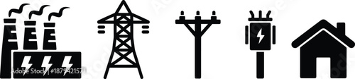 Electric power generation and distribution icons set, power plant, transmission tower, utility poles, transformer and residential house, energy infrastructure vector illustration