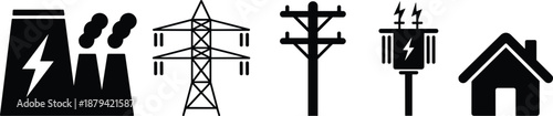 Electric power generation and distribution icon set, power plant, transmission tower, utility pole, transformer and house, energy infrastructure vector illustration