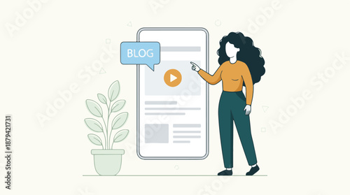 Woman pointing at smartphone blog content, digital media concept