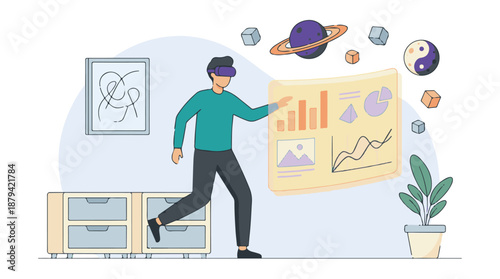 Man in VR headset exploring data in an immersive virtual reality environment