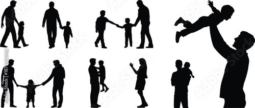 Family silhouette set showing parents and children holding hands lifting kids caring moments black vector illustration isolated on white background