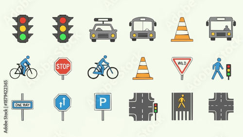Collection of traffic signs and symbols for road safety.
