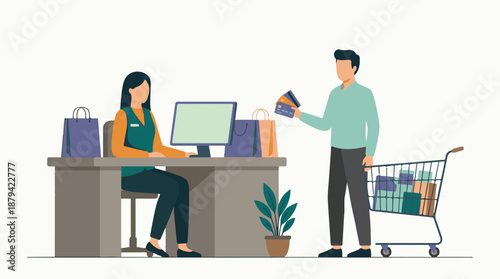Retail transaction with customer and cashier using credit cards