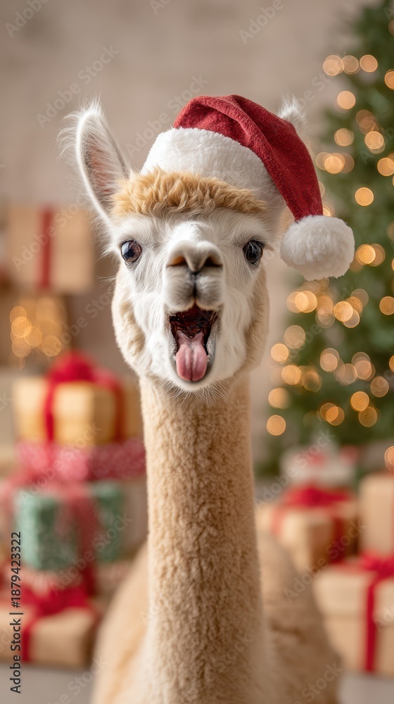 Fototapeta premium Alpaca wearing a Santa hat with its tongue out in front of a decorated Christmas tree and wrapped gifts during a festive holiday scene