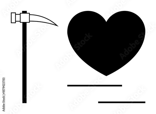 Scythe and black heart in simple contrast with clean lines. Ideal for mortality, love, vulnerability, life balance, symbolism, choices, emotional themes. Simple flat metaphor