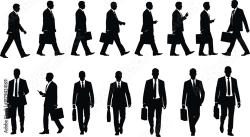 WebBusiness people silhouettes walking with briefcases, professional corporate men commuting, leadership, success, teamwork, office lifestyle, career progress, urban workday illustration