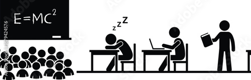 Classroom education silhouette illustration showing teacher, students, learning process, fatigue and focus, school environment, academic study concept, knowledge transfer scene