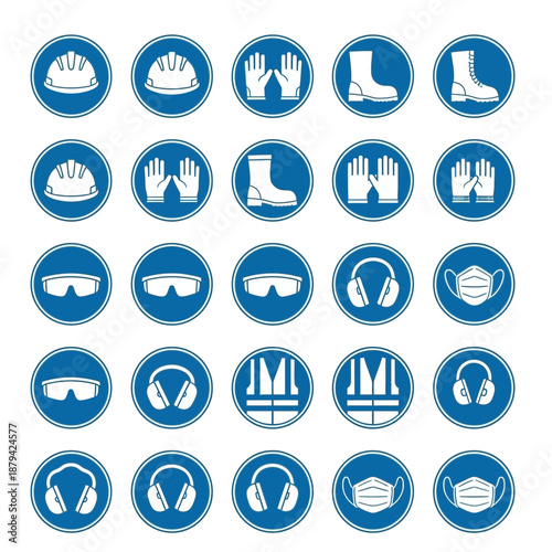 A collection of safety icons depicting protective gear, including helmets, gloves, boots, glasses, ear protection, and masks, arranged in a grid.