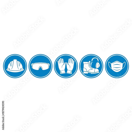 Safety icons illustrating required personal protective equipment for workplace environments, showing various protection items.