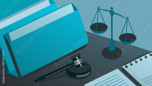 Flat vector illustration of corporate legal support with books gavel and scales on desk for business and law concept with justice and court and judge