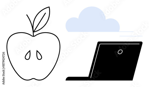 Digital lifestyle, healthy habit ideas, remote work, cloud solutions, tech-savvy wellness, creative productivity. Apple outline, laptop and cloud. Healthy living and digital lifestyle concept