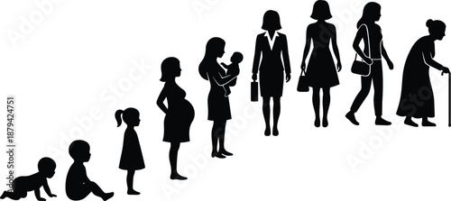 Human life stages silhouette illustration showing female growth from baby to elderly, life cycle concept, aging process, family, motherhood, lifestyle evolution