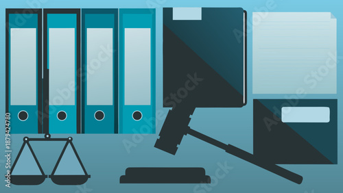Flat vector illustration of law office supplies including binders scales and gavel on desk in blue tones for legal or business concepts with legal supplies