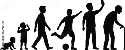 Human life stages silhouette illustration showing growth from baby to elderly, modern lifestyle changes, childhood, adulthood, technology use, aging process concept