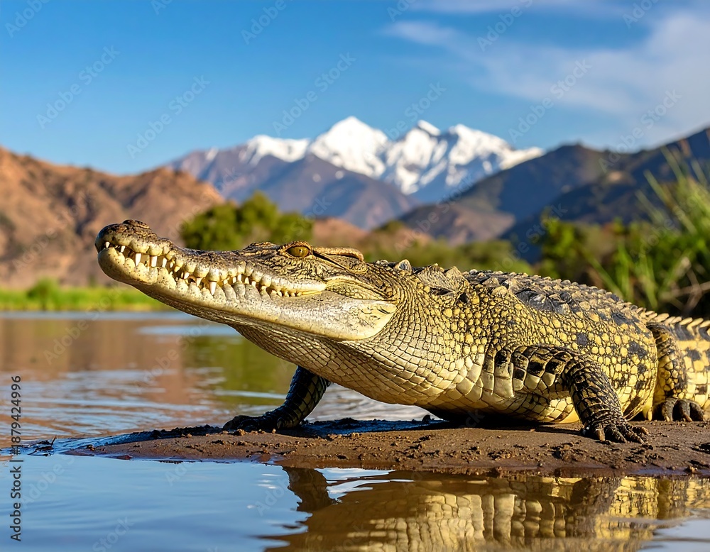 Obraz premium Crocodile basking near water, snowy mountain range in the background