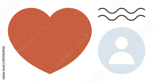 Love, relationships, emotional health, social media, communication, connection. A red heart, user icon and wavy lines on a white background. Love and relationships concept