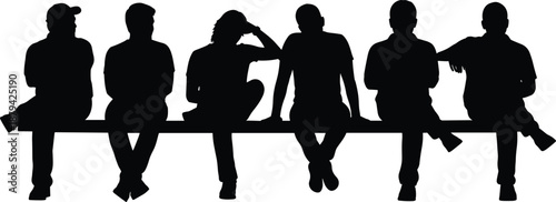 People silhouettes sitting together, group friendship concept, casual teamwork, community bonding, social interaction, diverse individuals, unity lifestyle, isolated vector illustration