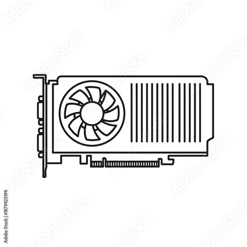 Detailed line drawing of a computer graphics card with a fan and heat sink from a front viewpoint