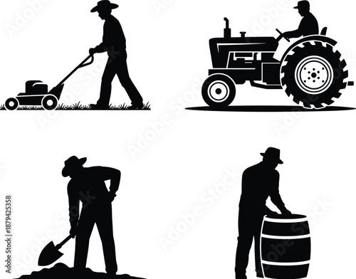 Farmer work silhouette set showing lawn mowing, tractor driving, soil digging, barrel handling, rural agriculture activities, black vector illustration isolated
