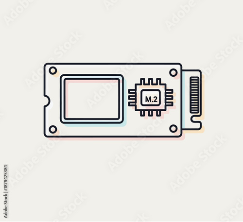 Simplified outline illustration of an M.2 solid-state drive, showcasing its components and design.