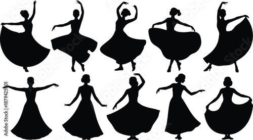 Flamenco dancer silhouettes collection, graceful women performing traditional Spanish dance with swirling dresses, elegant cultural performance black vector illustration set
