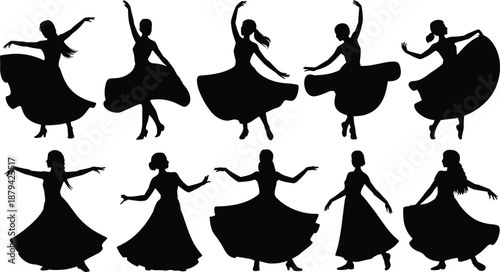 Flamenco dancer silhouettes set, elegant women performing traditional Spanish dance with flowing dresses, cultural performance black vector illustration collection