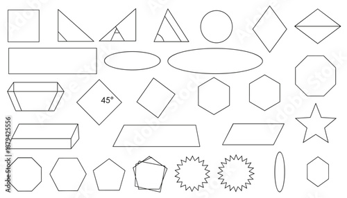 Collection of basic  geometric shapes vector featuring polygons, circles, triangles, and stars on a white background.