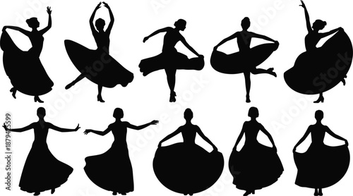 Flamenco dancer silhouettes set, expressive women performing traditional Spanish dance with dramatic flowing skirts, elegant cultural performance black vector illustration