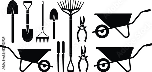 Garden tools silhouette set featuring shovel, rake, pruner and wheelbarrow icons, farming and gardening equipment, black vector illustration isolated on white background