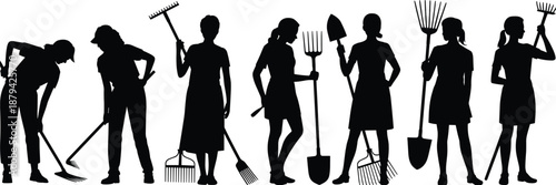 Garden workers silhouette vector illustration, group of people holding farming tools isolated on white background, flat minimal design for agriculture and gardening concepts