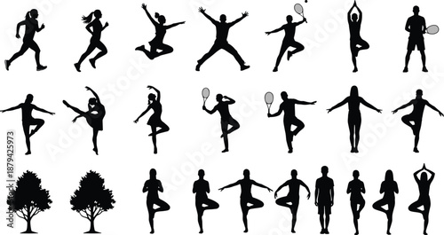 Fitness and yoga silhouette icon set with people running, jumping, stretching and tennis poses isolated on white background for sport, exercise, wellness, training and active lifestyle design