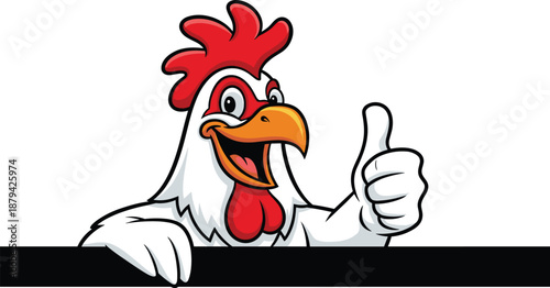 Funny chicken mascot giving thumbs up behind a signboard, colorful cartoon rooster illustration for restaurant branding, fast food logo, farm marketing and poultry advertising design