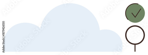 Cloud storage, data analysis, cybersecurity, auditing tools, compliance, network systems. Minimalist illustration of a cloud, magnifying glass and checkmark. Cloud storage and data analysis