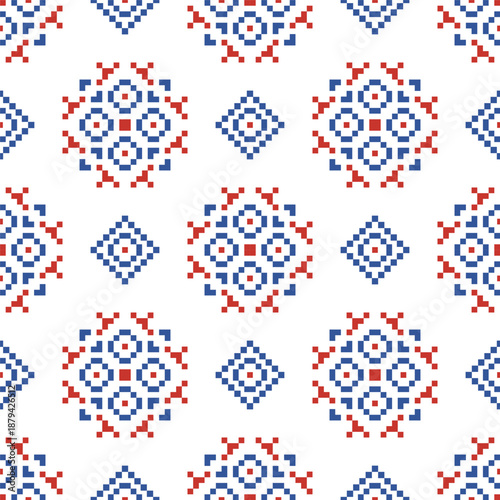 Cross Stitch embroidery seamless.Geometric pixel ethnic patterns. American, Mexican,African, mediterranean, nordic,Aztec style.Trendy folk art background design for products, fabric,home decor.