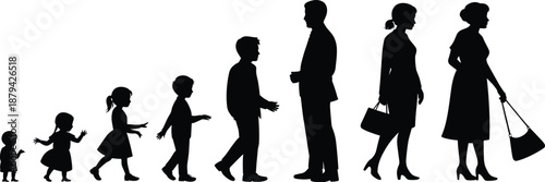 Human life stages silhouettes sequence, child growing into adult and elderly people, aging and generation concept vector illustration isolated on white background