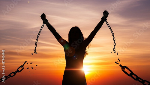 Woman Breaking Free from Chains at Sunset
