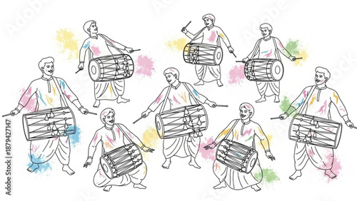 Indian Dancers Playing Drums with Colorful Splashes